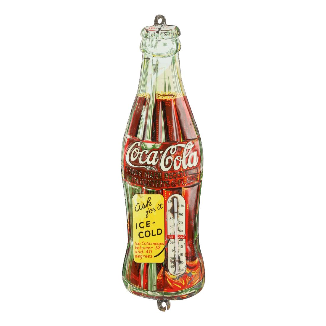 Coca-Cola Tin Litho "Bottle" Thermometer: Canadian. Circa 1930. Rare. Embossed and die-cut. 17" x 5". Surface scratches, blemishes, and isolated rust spots. $300-500.