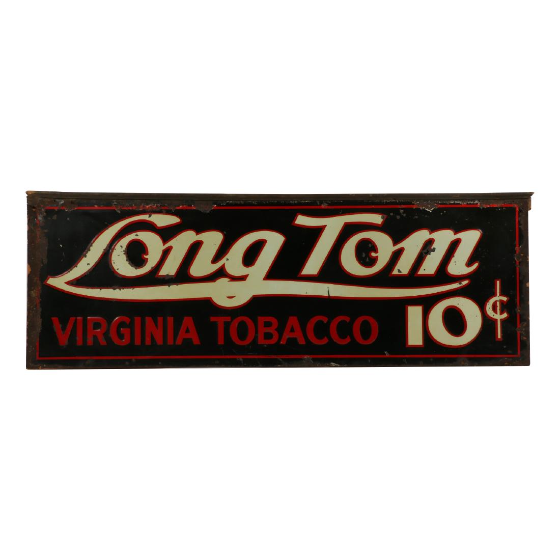 Long Tom Tobacco Tin Litho Sign: Canadian. Circa 1930. Rare. Embossed. Marked, "St. Thomas Metal Signs Ltd., St. Thomas Ont," lower center edge. 20" x 59". Edge wear, impressions and creases. Retains upper portion of original wood fr
