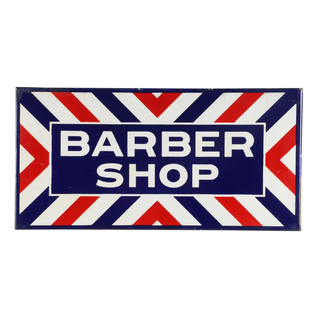 Barber Shop Porcelain Flange Sign: American. Circa 1930. 2-sided wall-mounting sign. Marked by Chicago manufacturer, inner flange. 2' x 1'. $200-300.