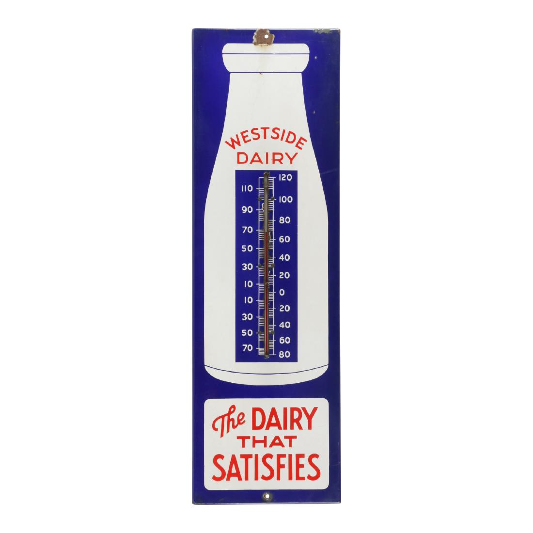 West Side Dairy Kitchener Thermometer: Canadian. Circa 1930. Rare. Porcelain. 30.5" x 10.75" x 0.75". Minor loss surrounding the inner edge of the thermometer scale and upper mounting hole. West Side Dairy was from Kitchener, Ontario. $400