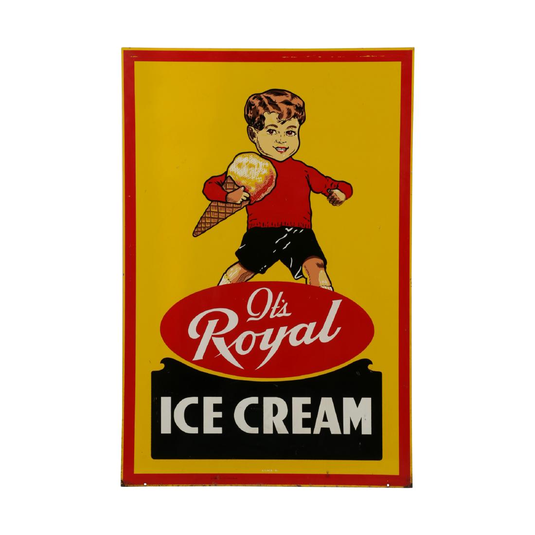 Royal Ice Cream Tin Litho Sign: Canadian. Circa 1961. Double-sided. Marked, "STMS '61" (St. Thomas Metal Signs) lower edge, front and rear. 3' x 2'. Minor surface scratches, scuffs. Very minor edge wear. Royal Ice Cream was from Gue