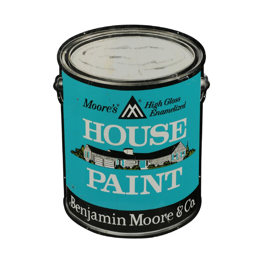 Benjamin Moore House Paint Tin Litho Sign: Canadian. Circa 1950. Die-cut heavy lithographed metal. 25" x 35". Minor bends, creases. Scattered surface scratches. $200-300.