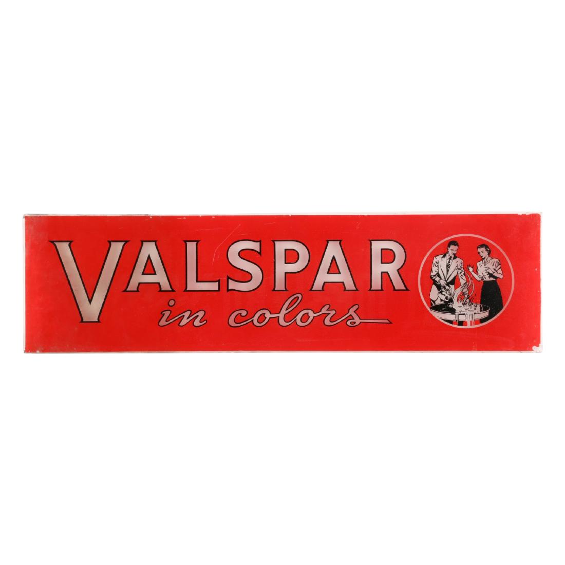 Valspar Paint Glass Sign: Circa 1950. Reverse-painted glass panel. The surface is "baked on", much like a gasoline globe lense. Intended to be fitted in a box and back-lit. 24" x 6.5". A few very minor edge chips and surface s