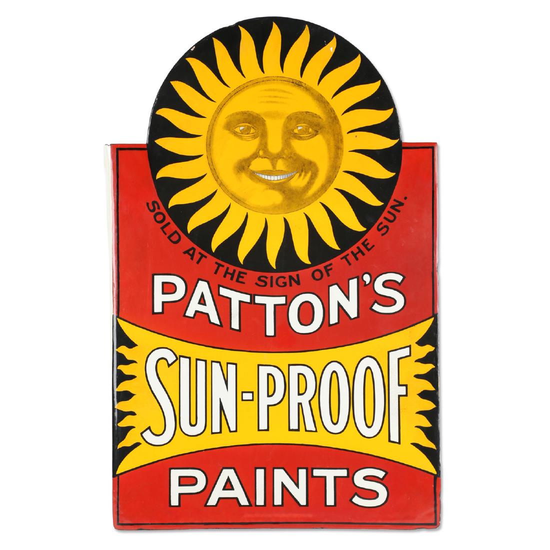 Pattonâ€™s Sunproof Paints Porcelain Sign: English. Flange. â€œSold at the sign of the sunâ€. Featured on the cover of Michael Brunerâ€™s, â€œSigns of Our Pastâ€. 28â€ x 18â€. Professionally restored. Minor curling at 