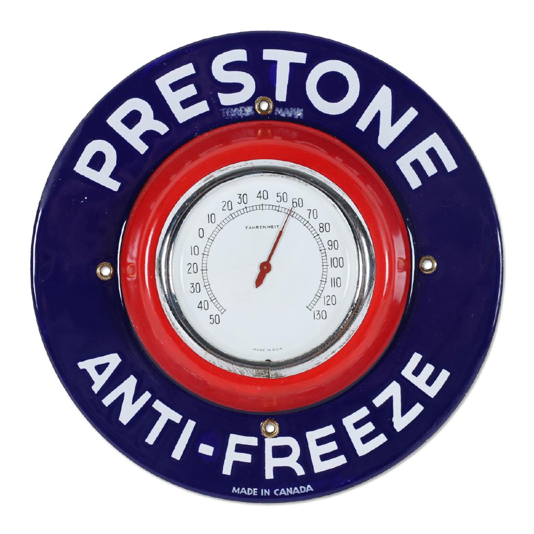 Prestone Antifreeze Porcelain Thermometer: Canadian. Marked, "Made in Canada". 9.75â€ dia. Minor crazing to chrome plated bezel. $800-1200.