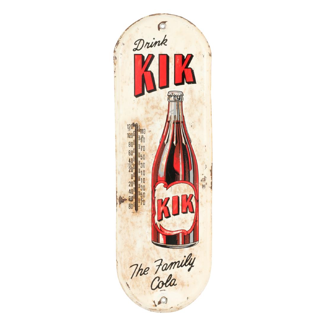 Kik Cola Tin Litho Thermometer: Canadian. Circa 1950. Rare. Marked, "Made in Canada" below thermometer scale. 19" x 6.25". Surface loss. Advanced oxidation. Touch-up surrounding lower grommet. $100-200.