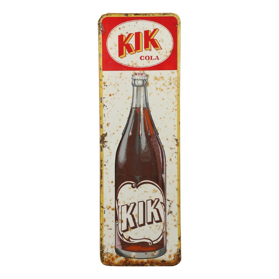 Kik Cola Tin Litho Sign: Canadian. Circa 1950. Rare. 17" x 52.5". Advanced surface oxidization and surface loss, particularly at edges. $300-500.