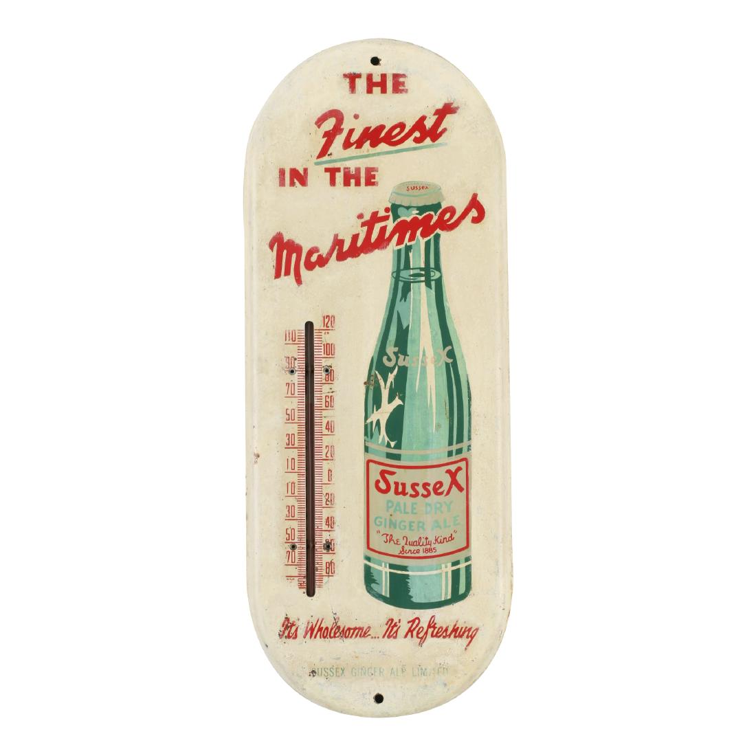 Sussex Ginger Ale Tin Litho Thermometer: Painted tin. Rare. Mercury tube functioning.14.75" x 5.75". Touch-up to white background paint. Minor blemishes and scuffs. Oxidation, particularly at edges. $200-300.