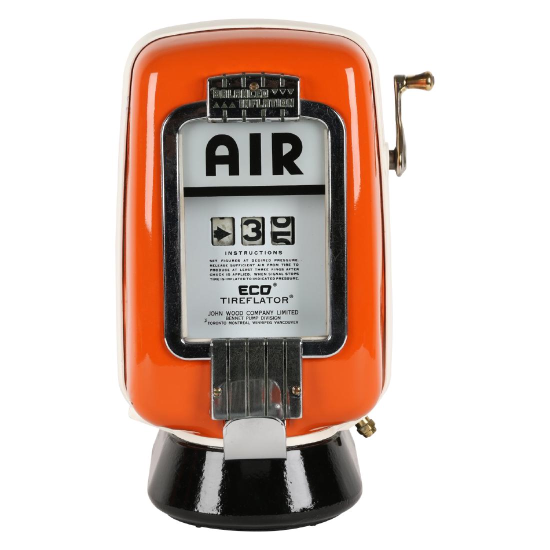 Wall-Mount ECO 98 AIr Meter: Circa 1950. Model 98 air meter. Marked, "John Wood Company Limited, Bennett Pump Division - Toronto, Montreal, Winnipeg, Vancouver. 17" x 9" x 7". Professionally restored. Original chrome and nickel p