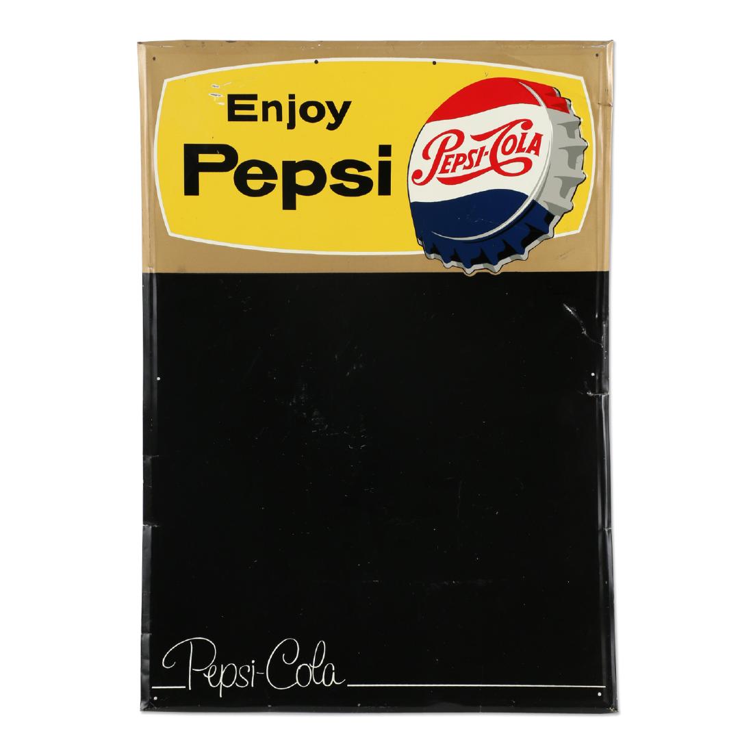 Pepsi Tin Litho Chalkboard: Canadian. Circa 1962. Marked, "STMS-1962" (St. Thomas Metal Signs) rear upper edge. 27" x 19". Edge wear and creases including a split along the upper right edge. $100-200.