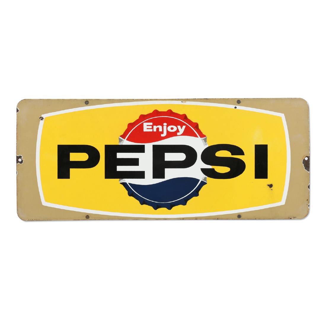 Pepsi Porcelain Door "Kick" Plate Sign: Canadian. Circa 1960. "P&M Orillia" lower left edge. 29.25" x 12". Scattered minor porcelain chips, mostly isolated to the edges. $200-300.
