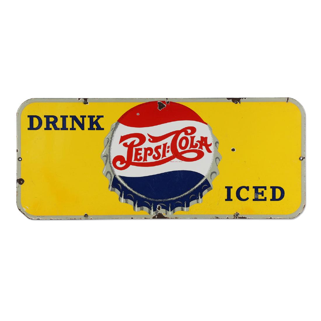 Pepsi-Cola Porcelain Door "Kick" Sign: Canadian. Circa 1949. Marked "P&M (Orillia) 24-49", lower left edge. 29.25" x 12.25". Porcelain surface has a few small, scattered chips. Minor edge wear. Original grommets in place. $300-500.