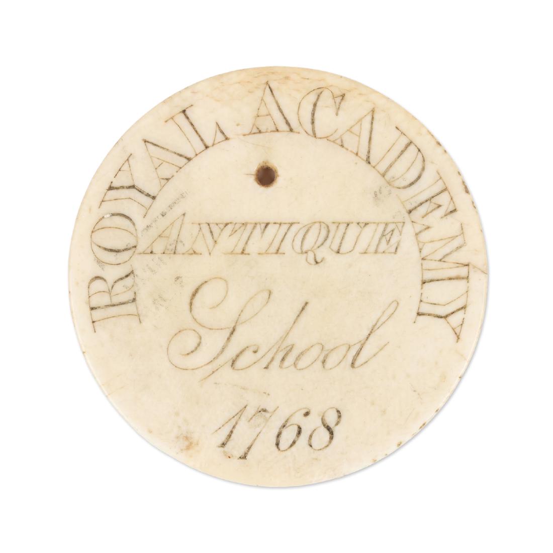 1768 Antique Academy Ticket: English. Circa 1865. Inscribed, "H.H Stanton Admitted 21st of April, 1865", Royal Academy Antique School 1768, obverse. 2" dia. $100-200.