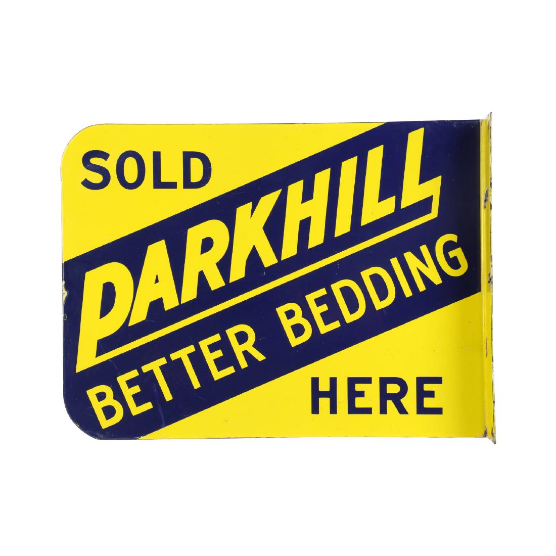 Parkhill Bedding Porcelain Flange Sign: Cobalt and yellow, die cut edge. 13.5" x 18". Minor edge flakes, scuffs, edge wear and grommet flakes. One missing grommet. $200-300.