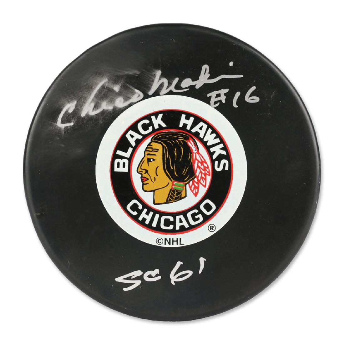 Chico Maki Signed Hockey Puck w/COA: SC 61. Chicago Blackhawks.