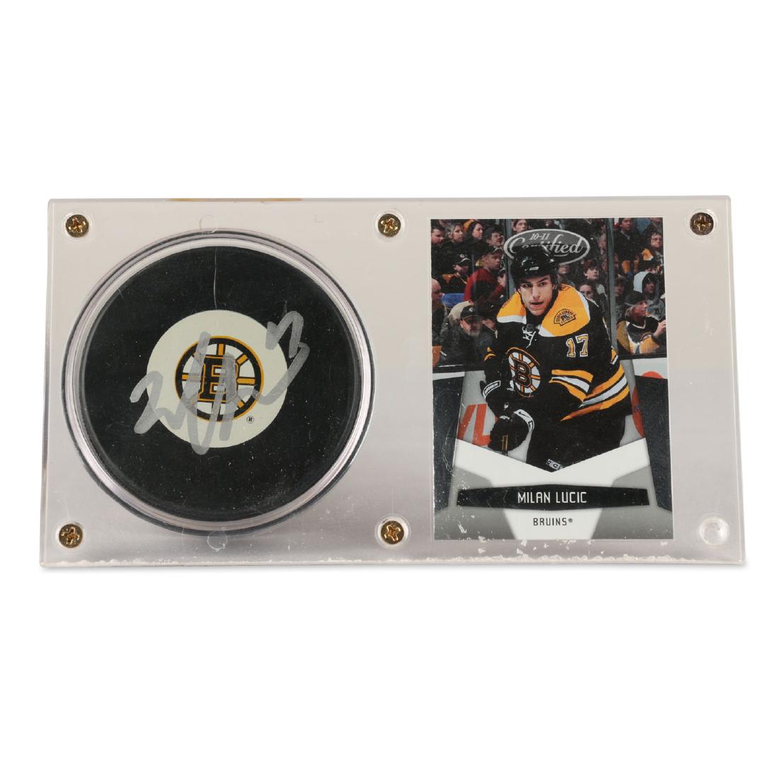 Milan Lucic Signed Hockey Puck and Card: Boston Bruins