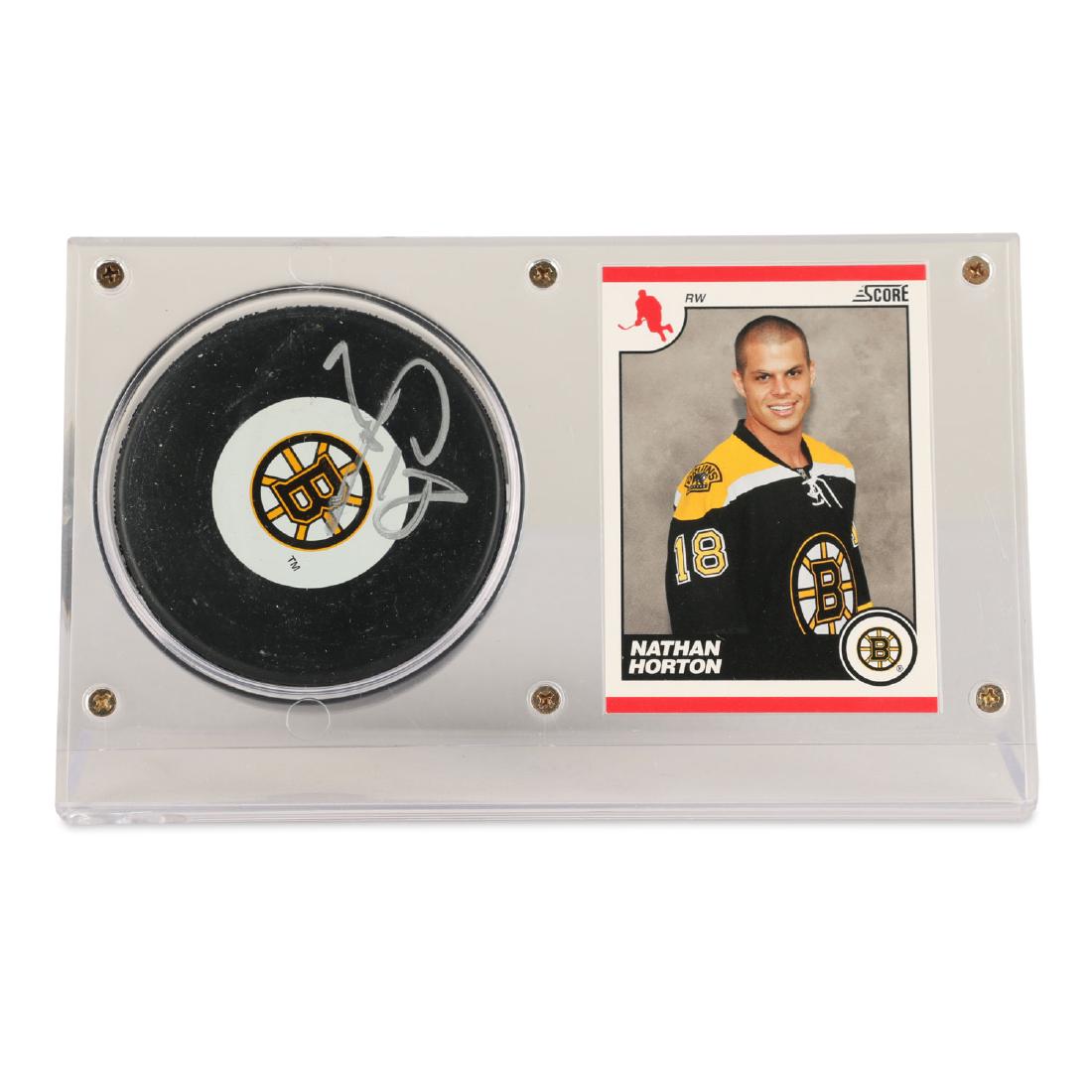 Nathan Horton Signed Hockey Puck and Card: Boston Bruins