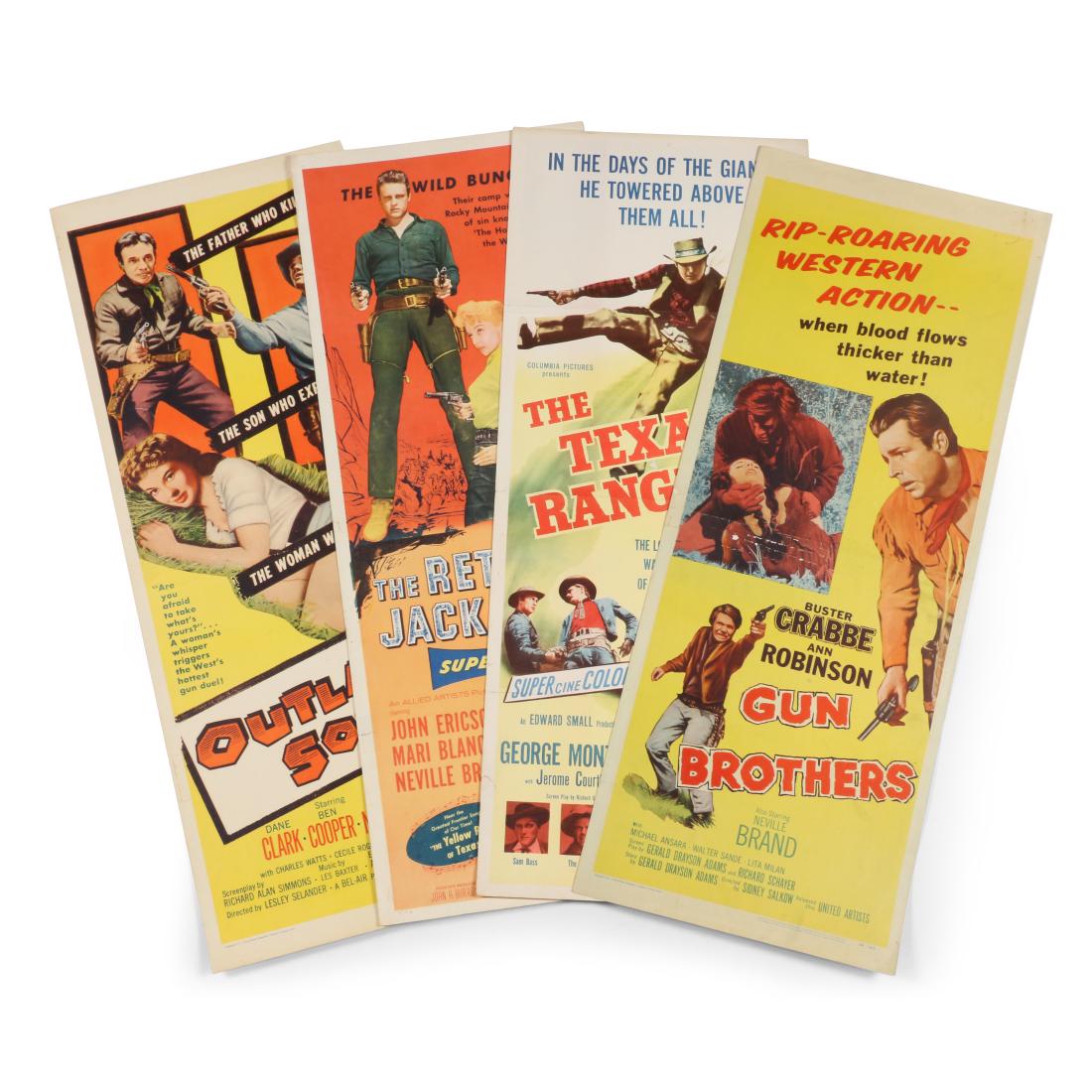 Western Movie Posters: Four (4). American. 1950s. Includes "The Return of Jack Slade", "Gun Brothers", "The Texas Rangers", and "Outlaw's Son". 14" x 36". Very Good. Each poster lays flat, ready-to-frame. Faint central, hor
