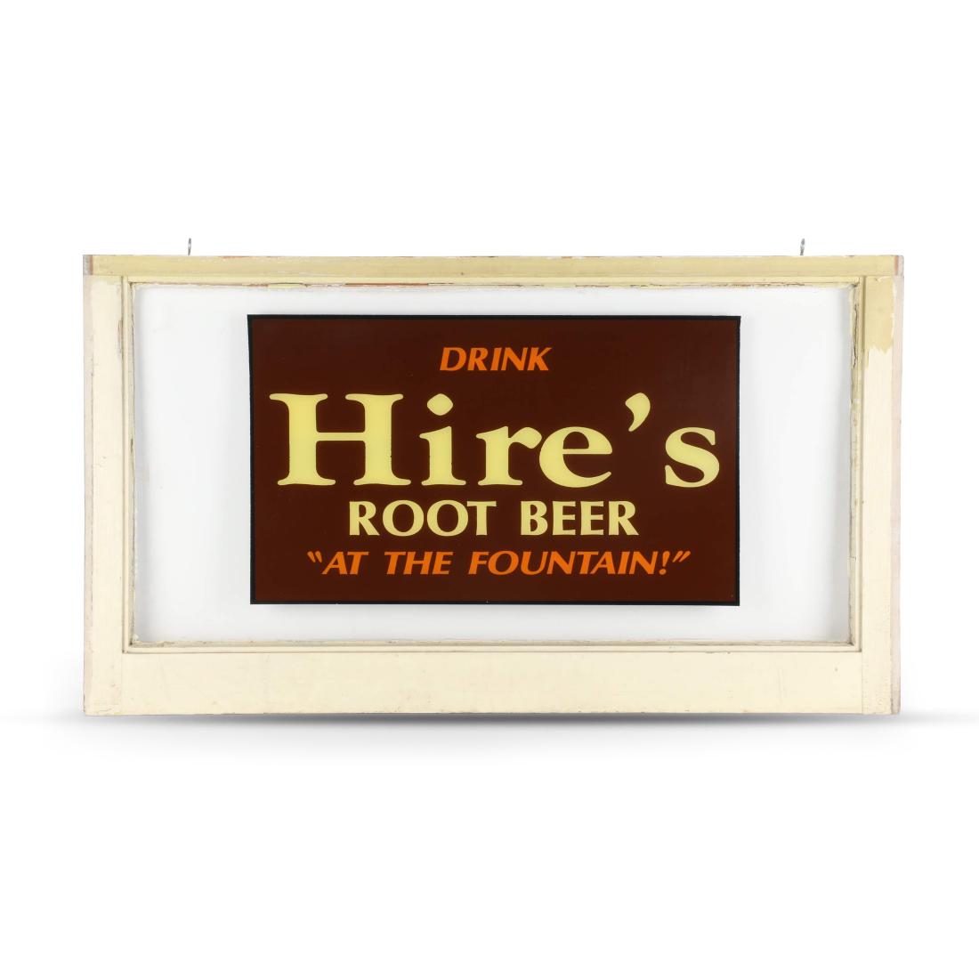 Hires Root Beer Merchant Window: Canadian. 1920s. Transfer decal applied to framed window. 36" x 20.5" x 1.5". Very good. Decal completely intact without scratches or damage. 200-300