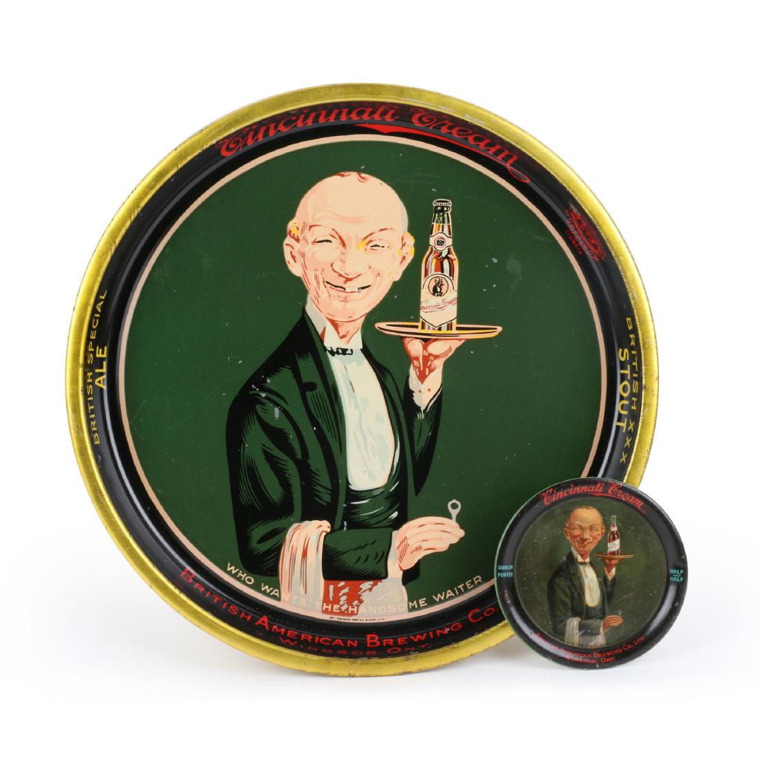 Cincinnati Cream Tin Litho Tip & Beer Trays: Two (2). Canadian. Windsor Ontario. 1930s. Both feature "The Ugly Waiter". The tip tray offer here is seldom seen. Beer tray signed "St Thomas Metal Signs Ltd." lower center. Tip tray signed, "Made in