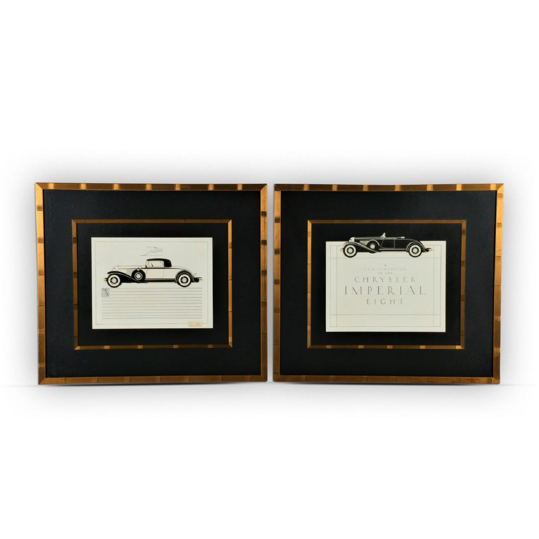 1931 Chrysler Imperial Pen & Ink Proofs: Two (2). Canadian. C.1930. Professionally framed. John Cakebread, a Toronto illustrator. Cakebread was commissioned by Chrysler Canada to create this distinctively Canadian pair of brochure ads. John 