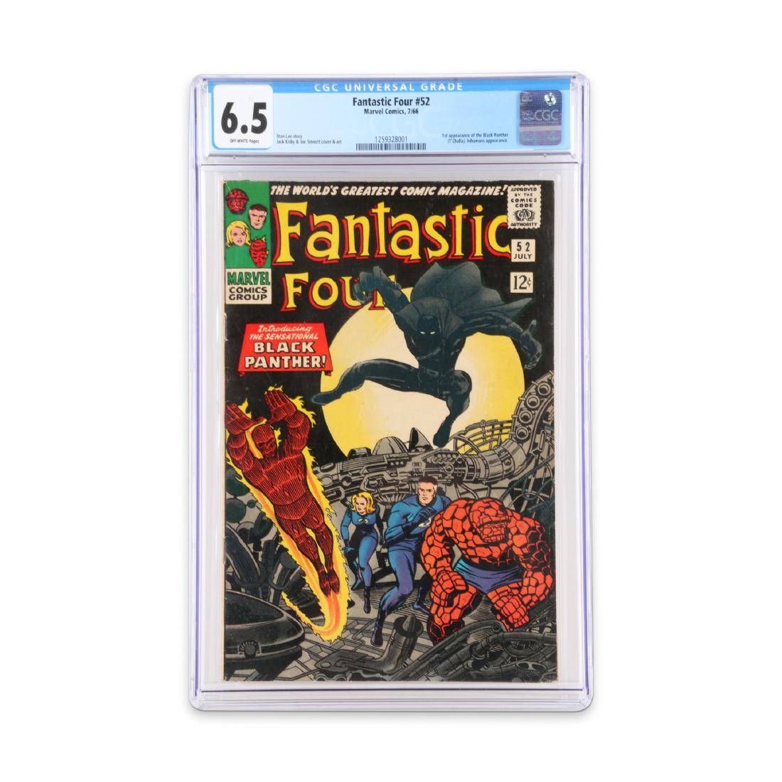 Fantastic Four Black Panther Comic Book: American. Issue # 52, features first appearance of the Black Panther. 6.75" x 10.25". CGC graded and slabbed "6.5". Off-white pages. An exceptional copy. 600-800