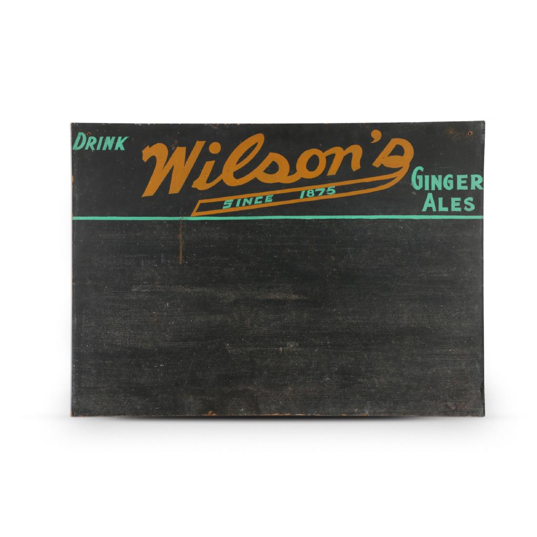 Wilson's Ginger Ale's Stadium Chalkboard: Canadian. 1940s. 43" x 31.5". Good. Minor fade. Two mounting holes drilled, upper left and right corners. 100-200