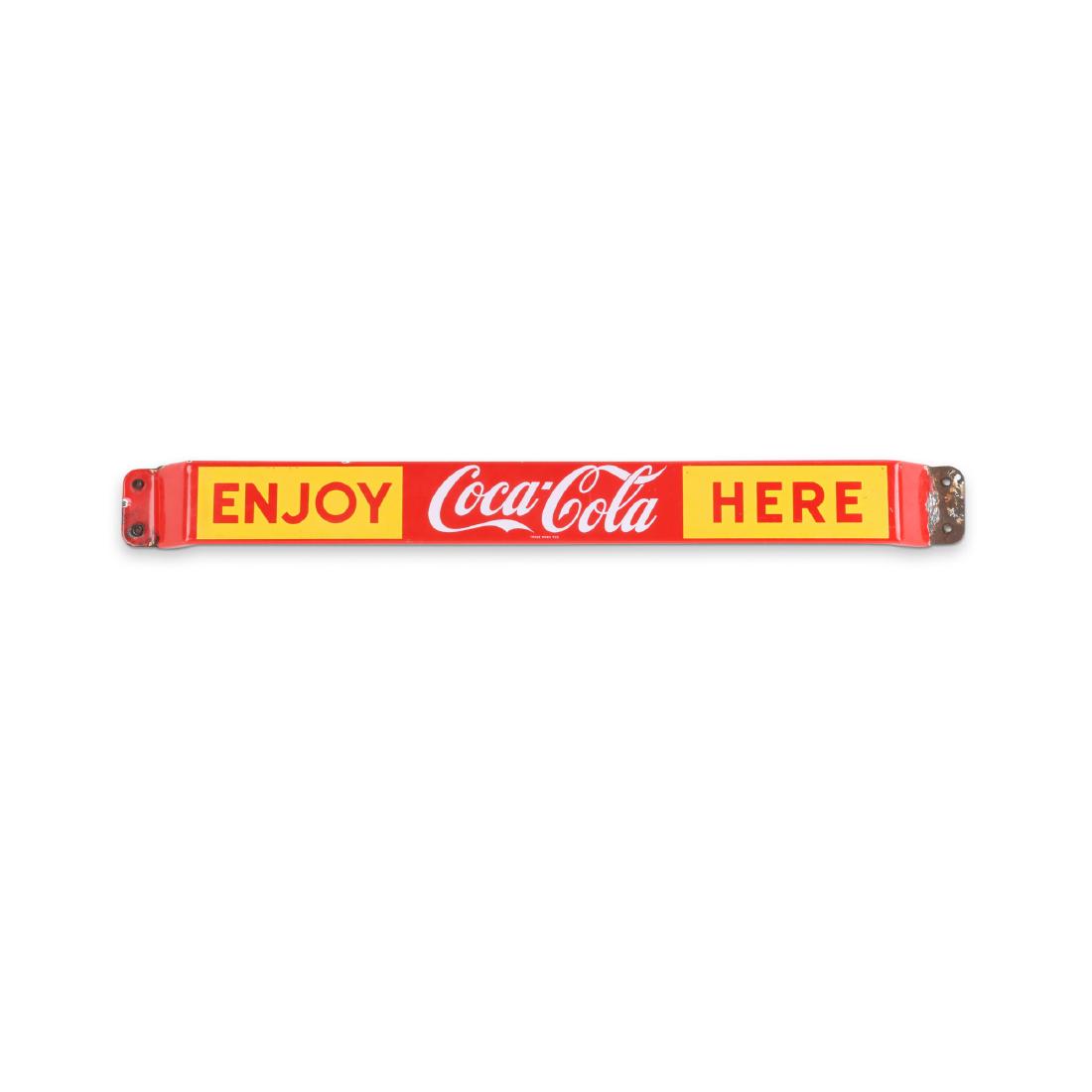 1960 Coca-Cola Porcelain Push bar: Canadian. 1960. "MADE IN CANADA CM 60-006". 31.5" x 3.25". Very Good. Minor chips, isolated to the outer edges of the mounting flanges. Excellent gloss. Mounting grommets in place. 200-300