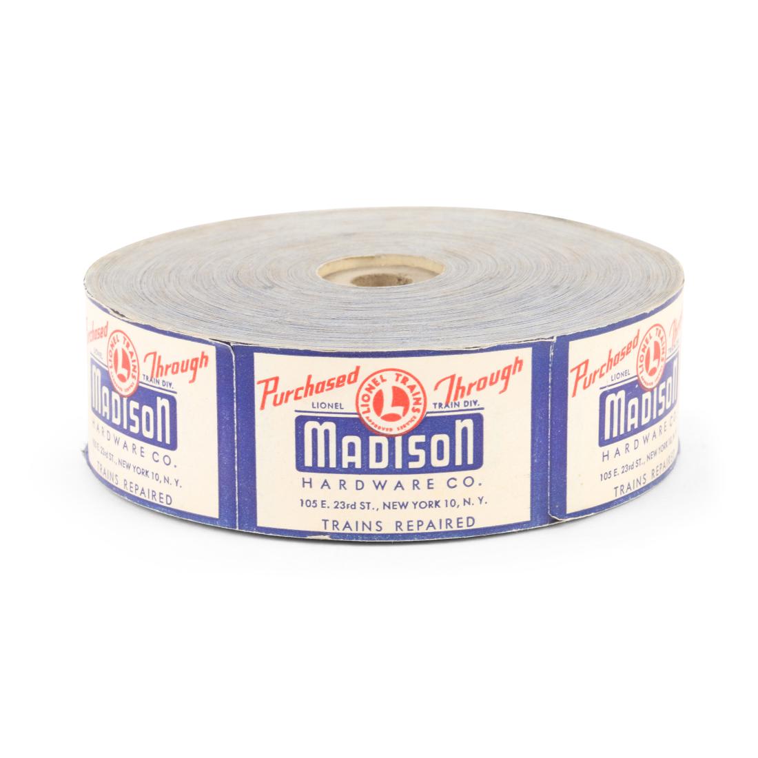 Lionel Trains Ticket Roll: New old stock. Madison Hardware. Box labels for Lionel Trains after-sales service. 4.75â€ dia. Excellent. New old stock. Shop wear to outside labels. 200-300