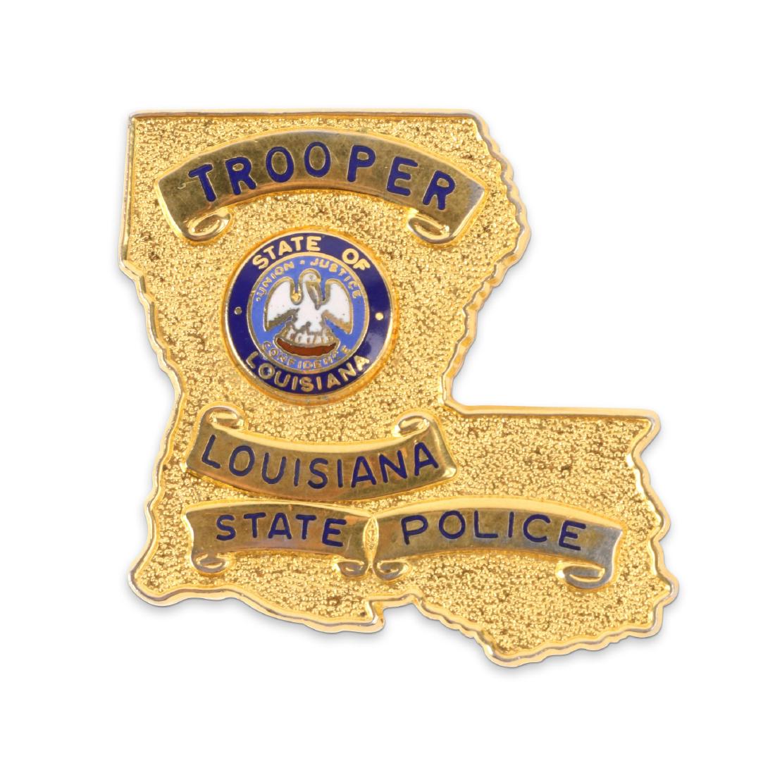 Louisiana State Police Trooper Badge: American. 1.5" x 1.5". Very Good. Loops re-applied. Requires pin. John Martynuk Collection. 100-200