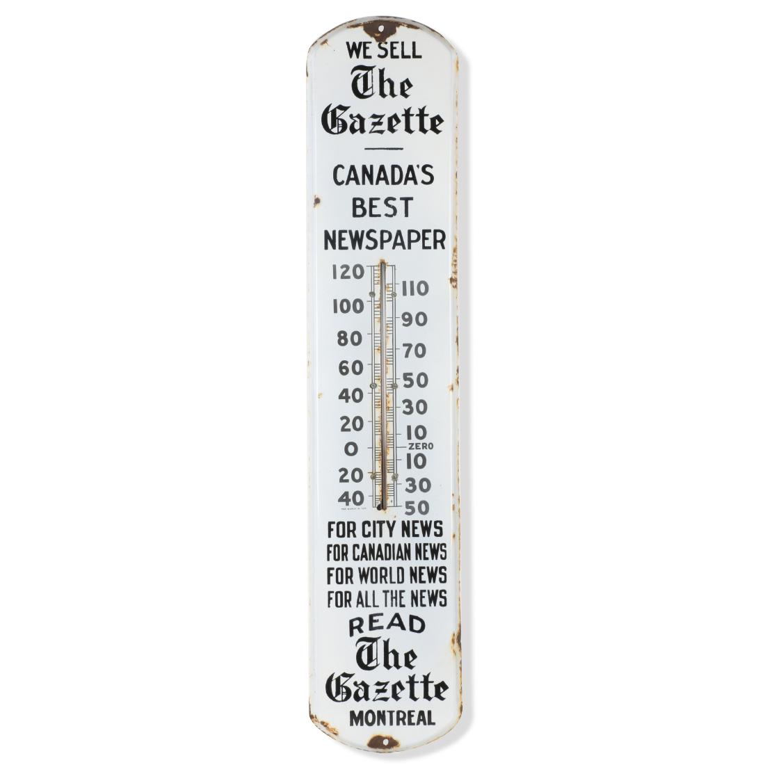 Montreal Gazette Porcelain Thermometer: Canadian. C.1920 "PAT. MARCH 16 1915" 8" x 39" x 1" Good. Minor surface loss surrounding mounting holes and at edges. Minor fade. 200 -300