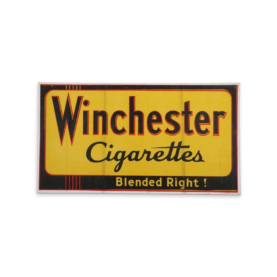 Winchester Cigarettes Canvas Banner: Canadian. 1940s. New old stock. 35" x 63" Excellent. Original crease marks. 200-300