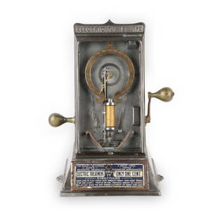 "Electricity is Life" Counter-Top Shocker: American. C.1900.. Rare. User receives a good "jolt" when machine is operated. Detroit Medical Battery Co. "MANUFACTURED BY DETROIT MEDICAL BATTERY CO. 26 FORT ST. WEST DETROIT.-MICH PATENTS PENDING".