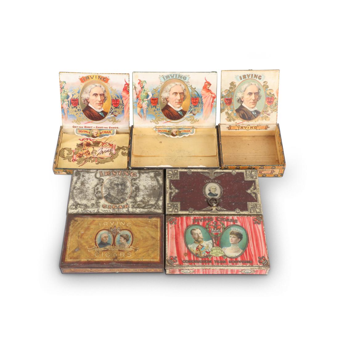 Irving (Ottawa) Cigar Boxes: Seven (7). Canadian. 1890s. 5" x 6" to 5" x 8.5". Good to Excellent. Minor soil and stain. Some loose tops and flaked labels. Dave Ronson Collection. 200-300