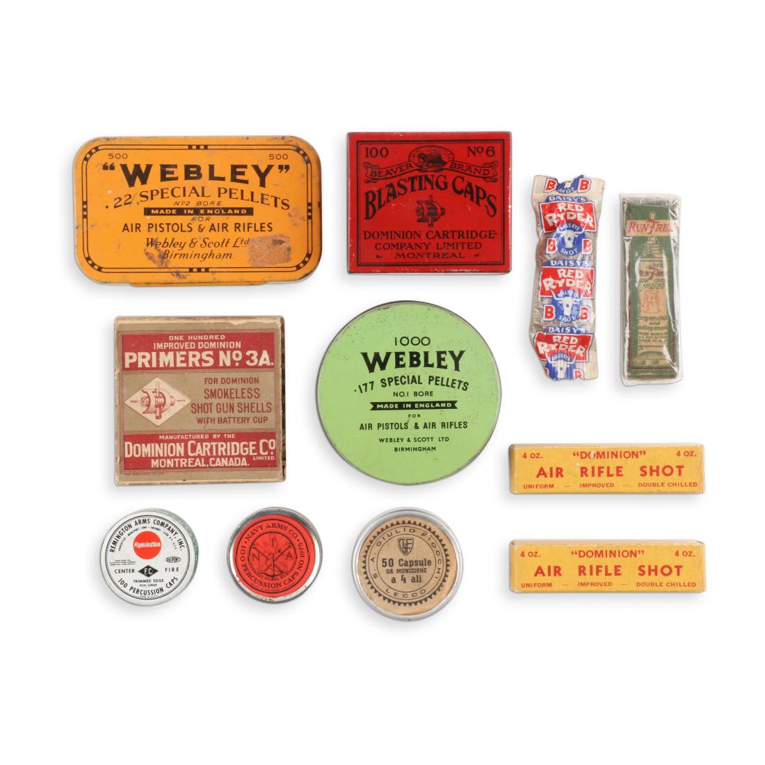 Hunting Boxed Ammunition: Eleven (11). Canadian. Includes rare Dominion Cartridge Co. Blasting Caps tin. 0.75" to 4". Very Good. 100-200