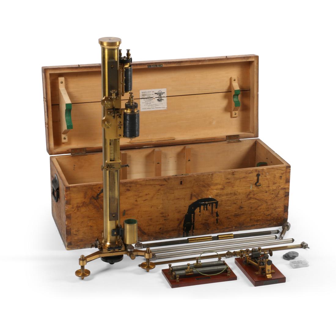 Lacquered Brass Le Boulange Chronograph: American. 1890s. Used in ordnance, gunnery and ballistics to furnish an accurate measurement of the speed of a projectile. Queen-Gray & Co., Philadelphia. Marked, "QUEEN-GRAY CO". 33.5" x 13" x 12.5".