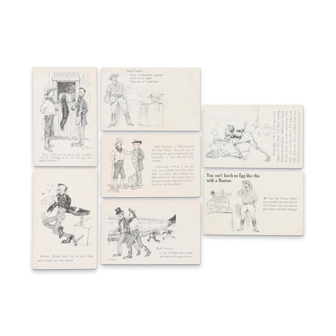 Lou Scuce Canadian Political Postcards: Seven (7). Canadian. Depicting Jack Canuck. Lou Scuce has been described as "Canada's Greatest Cartoonist". Signed, "Toronto Lith Co Thomas Lewis Skuce". 5.5" x 3.5". Minor corner wear. John Martynuk 