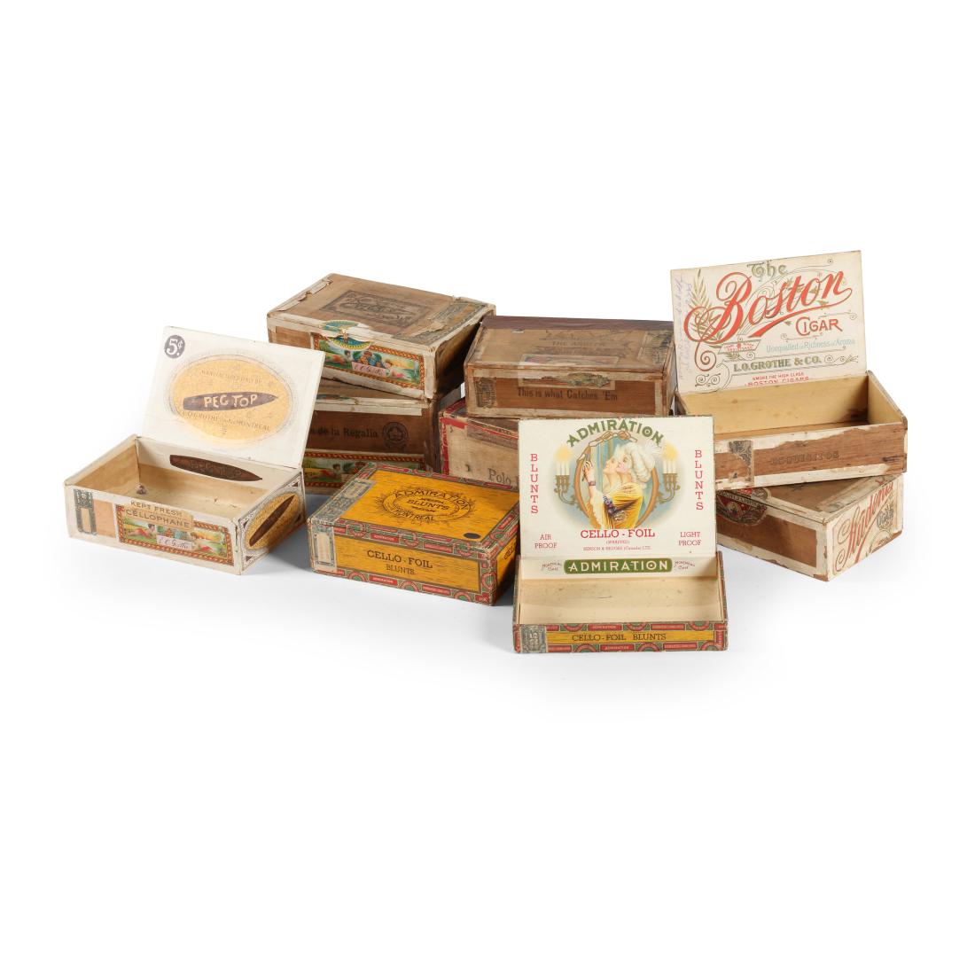 Montreal Cigar Boxes: Nine (9). Canadian. 1890s. 5.5" x 8" to 5.5" x 8.5". Good to Excellent. Minor soil and stain. Some loose tops and flaked labels. Dave Ronson Collection. 100-200