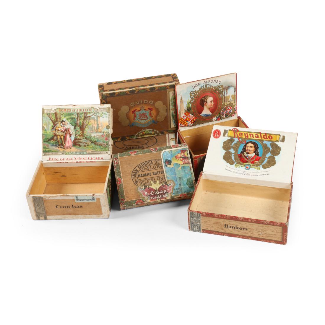 Montreal Cigar Boxes: Six (6). Canadian. 1890s. 5" x 7" to 5.5" x 8.25". Good to Excellent. Minor soil and stain. Some loose tops and flaked labels. Dave Ronson Collection. 100-200