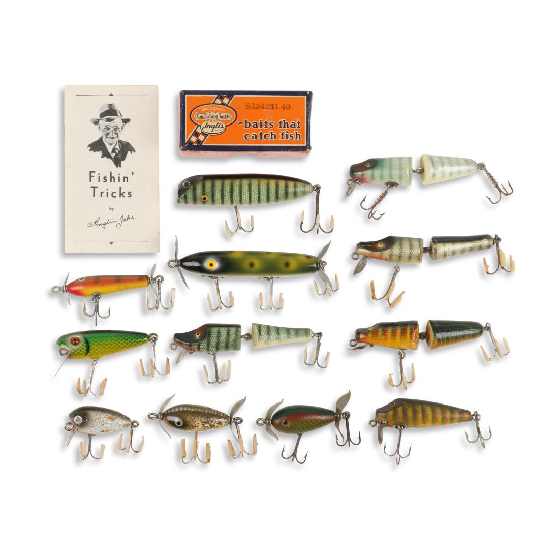 A&I, Shakespeare and Unknown Lures: Unknowns and Shakespeare Fishing Tackle, United States. Material: Wood. Quantity: 12. Grade: G. 2" - 4" each. Est. $100-125.