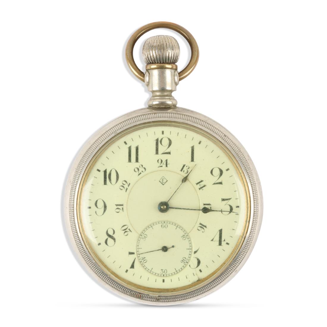 T. Eaton, 23-Jewel Pocket Watch: QUANTITY: 1. CASE MATERIAL: Nickel Silver. SIZE: 18 Size. GROSS WEIGHT: 123.4g. NOTES: Features Canadian 24-Hour "Railroader" dial, swing-out case. EST. $150-200. DISCLOSURE: Watches were running at t