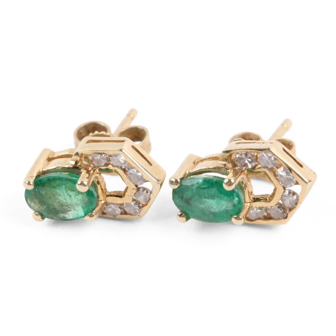 A Pair, 10K, Diamond & Emerald Earrings (1 of 4)
