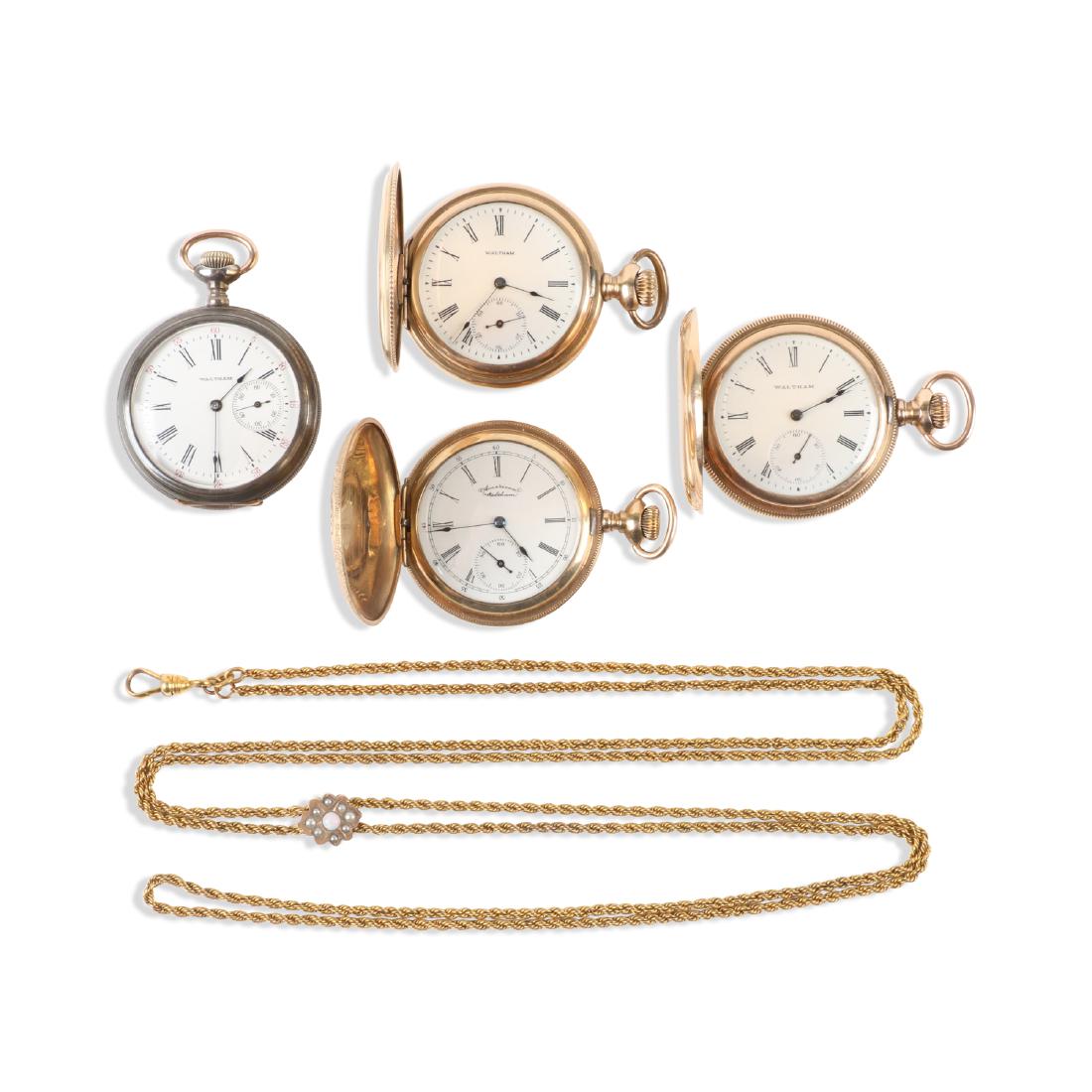 Waltham, Lady's Pocket Watches: QUANTITY: 4. CASE MATERIAL: Gold Filled, Sterling Silver. SIZE: 8 Size - 10 Size. GROSS WEIGHT: 256.2g. NOTES: Includes chain. EST. $150-200. DISCLOSURE: Watches were running at time of photography un