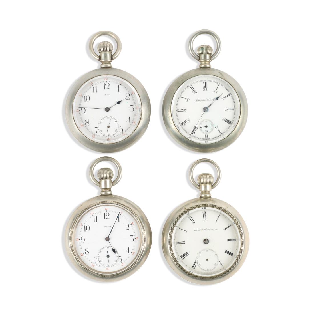 Swiss & American, Pocket Watches: QUANTITY: 4. CASE MATERIAL: Nickel Silver. SIZE: 18 Size. GROSS WEIGHT: 631.8g. EST. $100-200. DISCLOSURE: Watches were running at time of photography unless otherwise stated. Service history is unkno