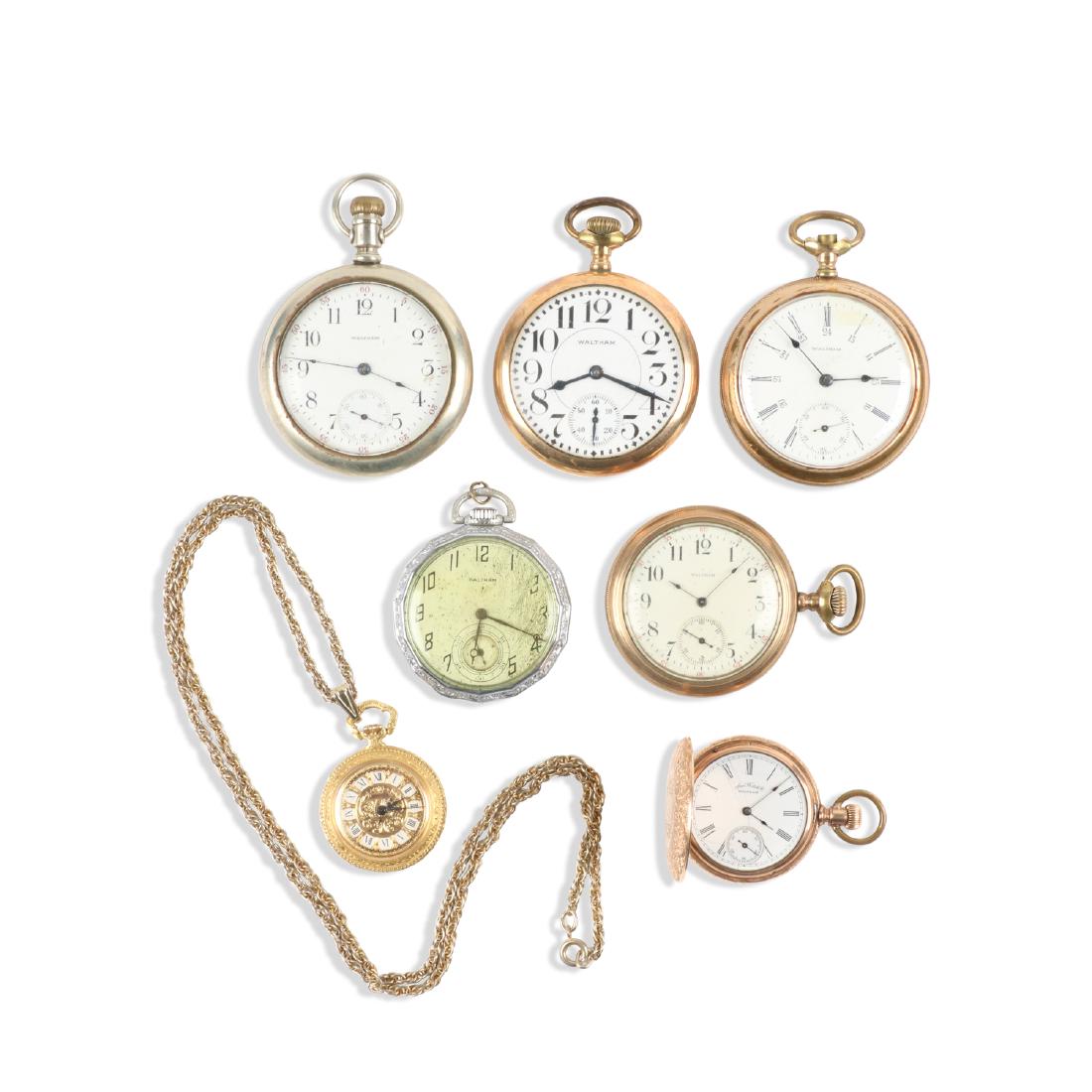 American, Gold Filled Pocket Watches: QUANTITY: 7. CASE MATERIAL: Gold Filled, Nickel Silver. SIZE: 0 Size - 16 Size. GROSS WEIGHT: 477.4g. EST. $200-300. DISCLOSURE: Watches were running at time of photography unless otherwise stated. Se