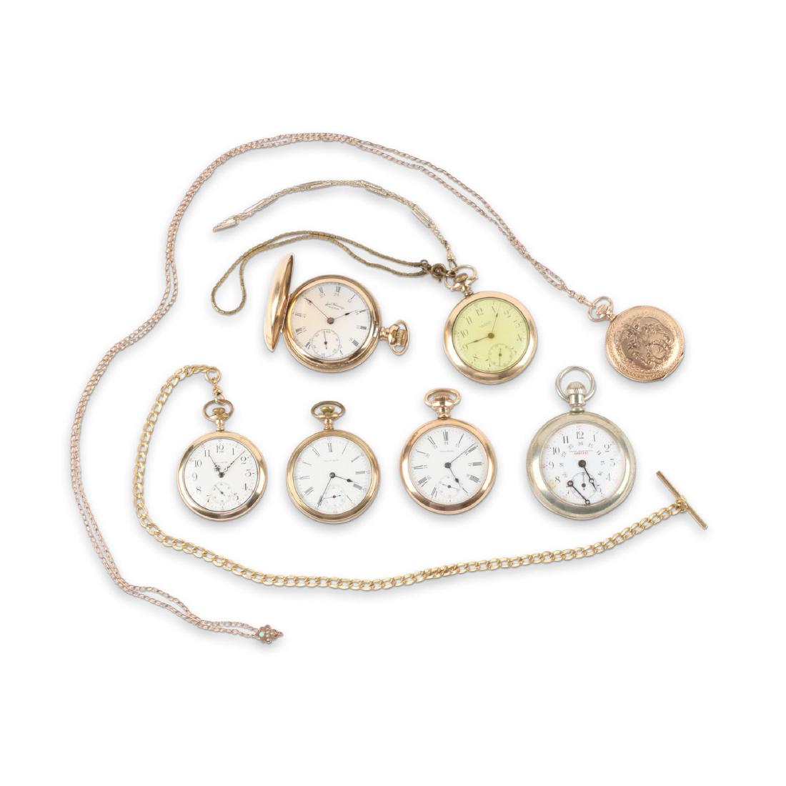 Waltham, Regina, Pocket Watches: QUANTITY: 7. CASE MATERIAL: Gold Filled, Nickel Silver. SIZE: 6 to 18 size. GROSS WEIGHT: 746g. NOTES: Includes 3 chains. In various states of repair. EST. $200-300. DISCLOSURE: Watches were running a