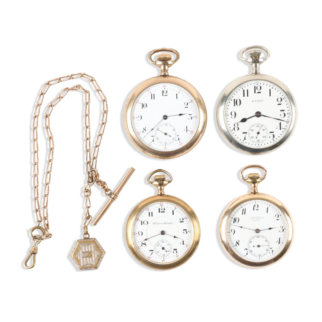 American, Open Face Pocket Watches: QUANTITY: 4. CASE MATERIAL: Gold Filled, Nickel Silver. SIZE: 16 Size. GROSS WEIGHT: 341.2g. NOTES: Includes 1 chain. EST. $150-200. DISCLOSURE: Watches were running at time of photography unless othe