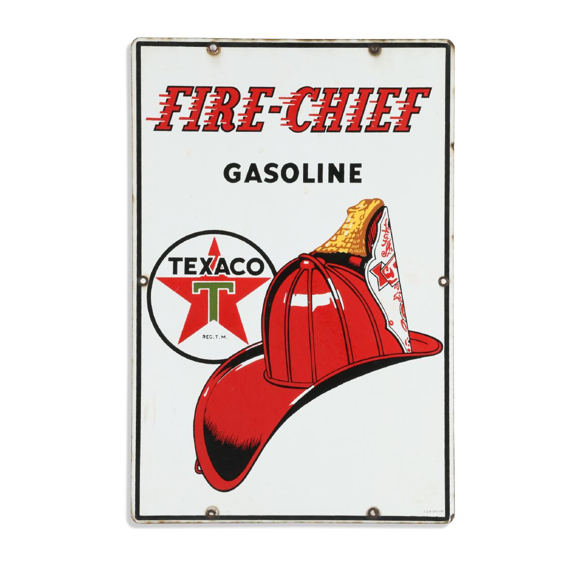 Texaco Fire Chief Porcelain Pump Plate: Canadian. 1930s. P&M Orillia. 12" x " x 18". Oxidation surrounding the grommets. No touch ups or restoration. 200-300.