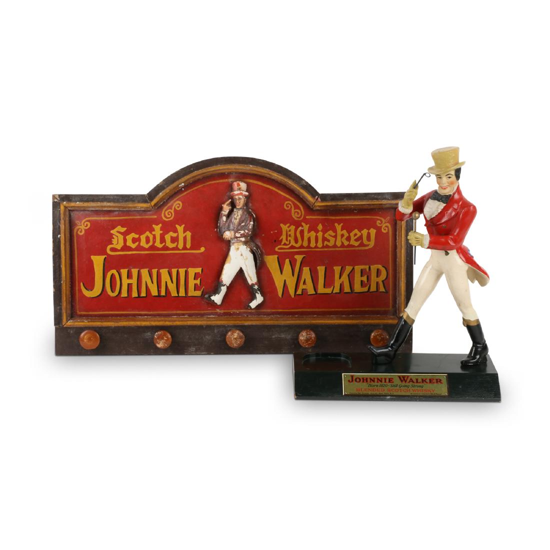 Johnny Walker Sign & Statue: Two (2). 23" x 12.75" x 2". Later production rack, original bar back bottle display. 200-300.