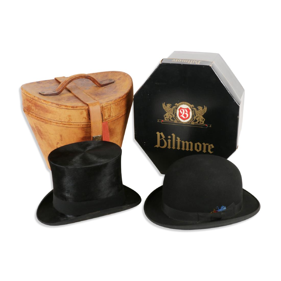 Gentleman's Bowler & Top Hat: Two (2). English & American. L.J. Applegath & Son Limited; The Knox Hat Mfg Co. Top hat with original carrying case. 12" x 13" x 11". 100-200.